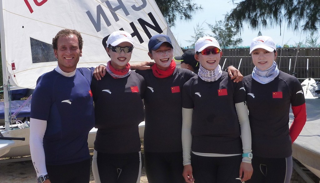 Laser Radial coach Jon Emmett with Lijia Xu (Lily), Daiqing Zhou (Dodo), Rubei Yuan (Eda),Tong Wu (Jenny) - Laser Radial sailors (China)  © SW